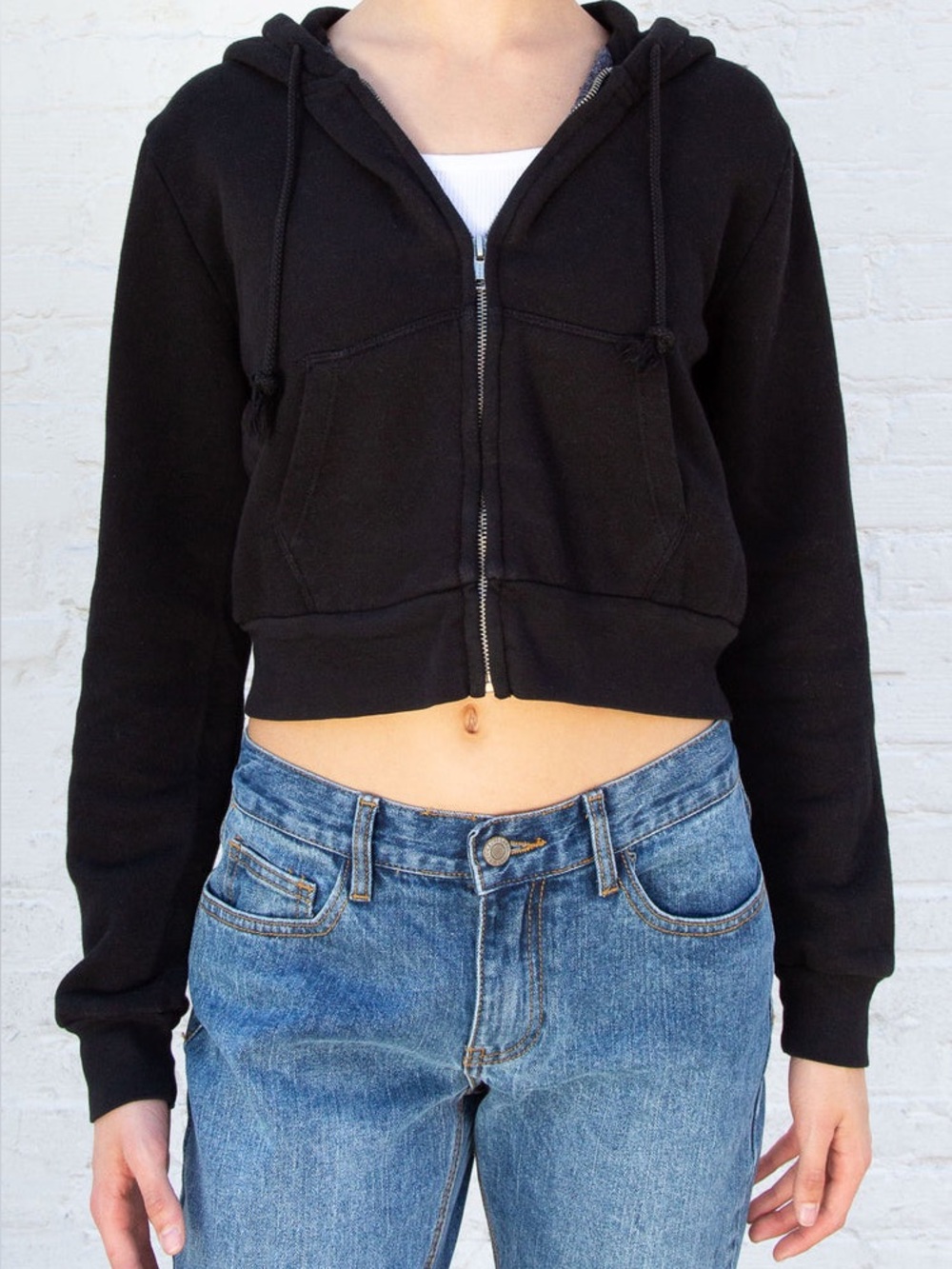 BRANDY MELVILLE Crystal Hoodie Cropped Cotton Fleece Zip Up - BLACK |